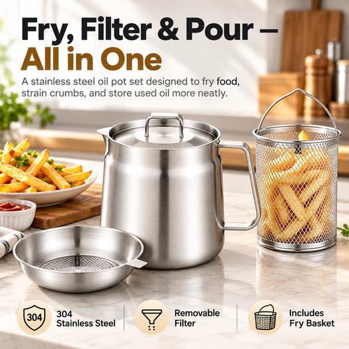 🔥🔥3-in-1 Stainless Steel Deep Fryer Pot with Oil Filter & Fry Basket