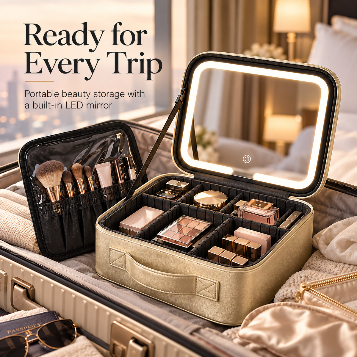 Travel Makeup Bag with LED Mirror – 3 Light Modes, Adjustable Dividers & Waterproof Cosmetic Organizer