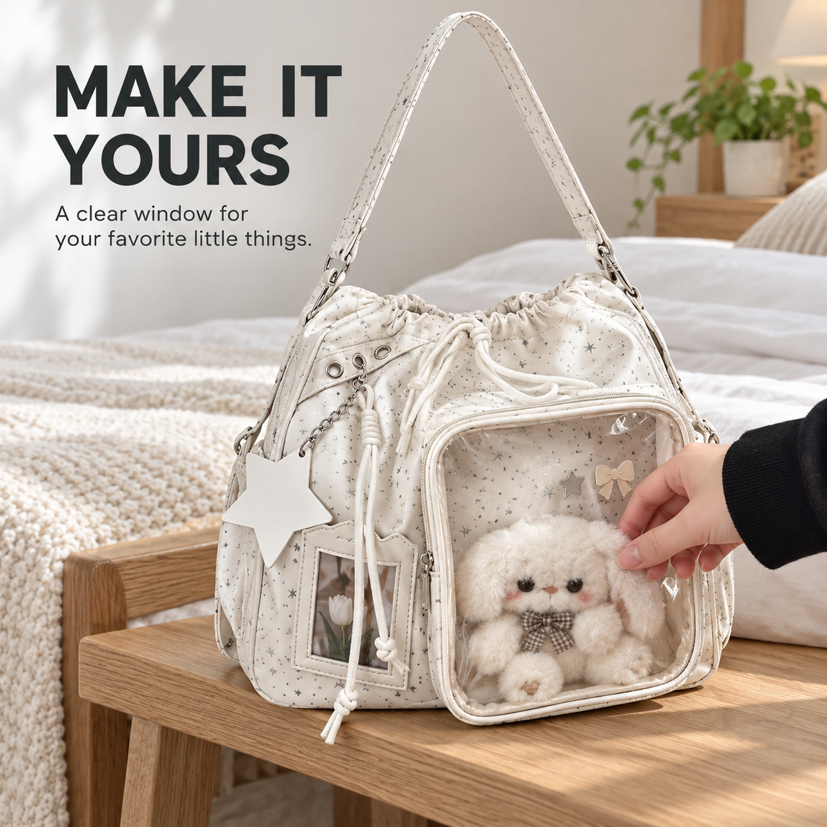 🎒🎒Star Print Ita Shoulder Bag – Clear Display Pocket, Drawstring Closure & Cute Star Charm