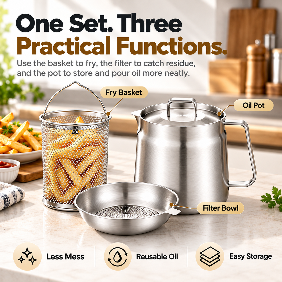 🔥🔥3-in-1 Stainless Steel Deep Fryer Pot with Oil Filter & Fry Basket