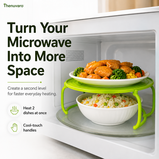 🍽️ Foldable Microwave Plate Stacker – 2-Level Heating Rack with Cool-Touch Handles ✨