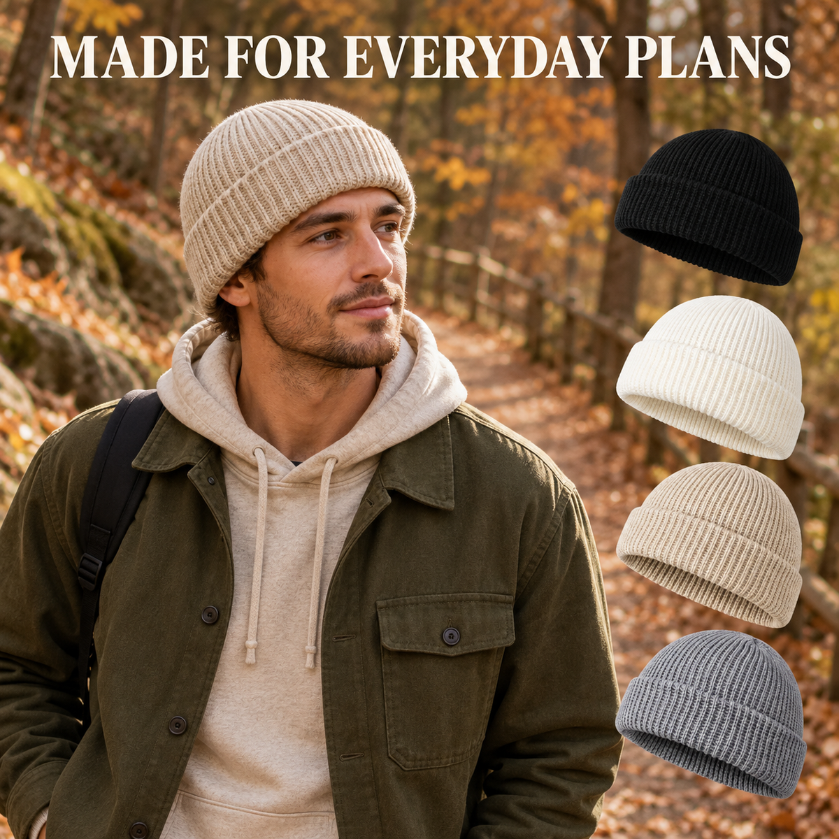 Men’s Cuffed Knit Beanie – Solid Color Everyday Hat for Fall & Winter