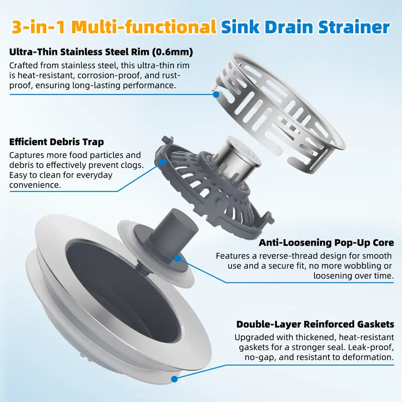 🚰 3-in-1 Stainless Steel Sink Strainer & Pop-Up Stopper – Removable Basket for 3½″ Drains ✨