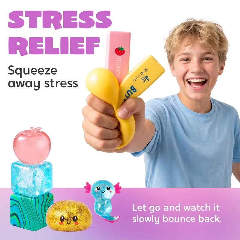 🎁🌈8-Piece Stress Relief Fidget Toy Bundle – Assorted Glitter Squishies & Sensory Toys for Kids, Gifts, Party Favors & Desk Fun