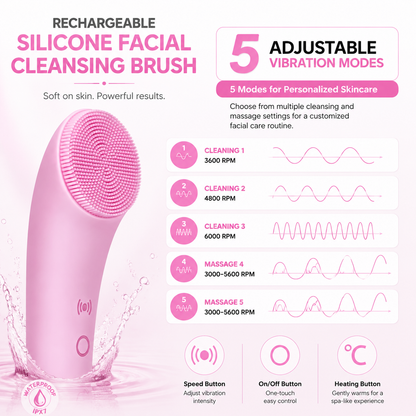 🫧 PRITECH Heated Vibrating Facial Cleansing Brush – Silicone Face Scrubber with Massage 🌸