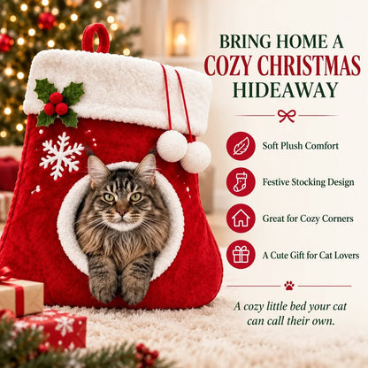 🎄 Christmas Stocking Cat Bed – Ultra-Soft Sherpa Cozy Hideaway for Cats 🐱