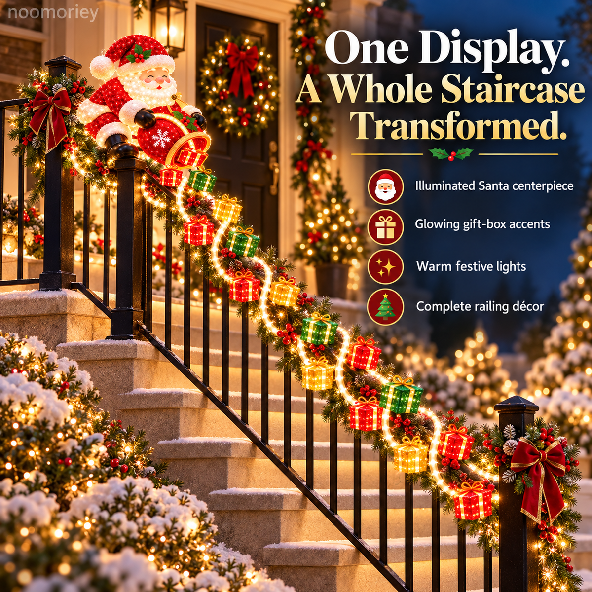 🎅🎄 Illuminated Santa Staircase Railing Christmas Display with Glowing Gift Lights ✨