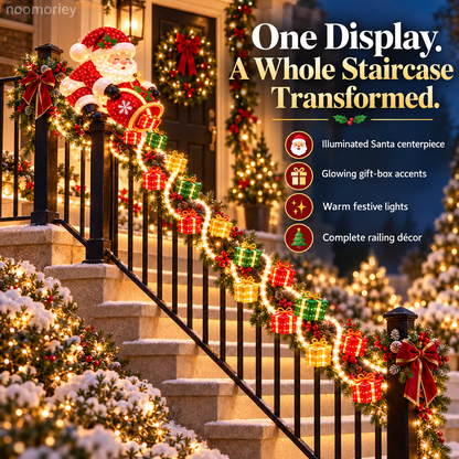 🎅🎄 Illuminated Santa Staircase Railing Christmas Display with Glowing Gift Lights ✨