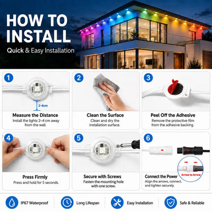 Permanent Outdoor Lights – App-Controlled Color-Changing Eave Lights with Music Sync, IP67 Waterproof Design for Christmas & Halloween