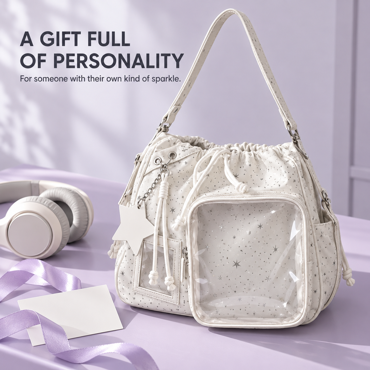 🎒🎒Star Print Ita Shoulder Bag – Clear Display Pocket, Drawstring Closure & Cute Star Charm