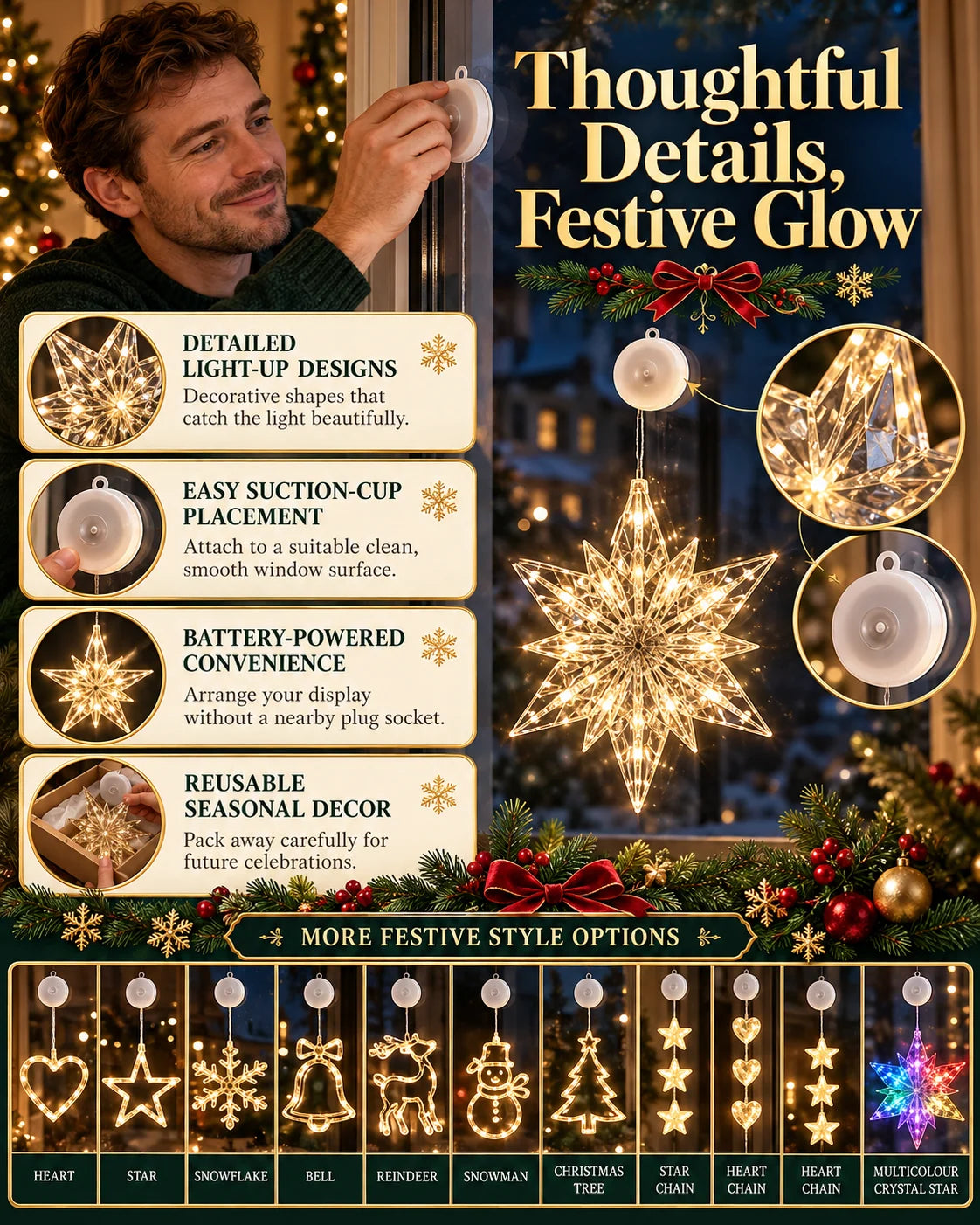 🎄 2Pcs Christmas LED Window Lights – Battery Operated Suction Cup Holiday Decorations, Warm White & Multicolor