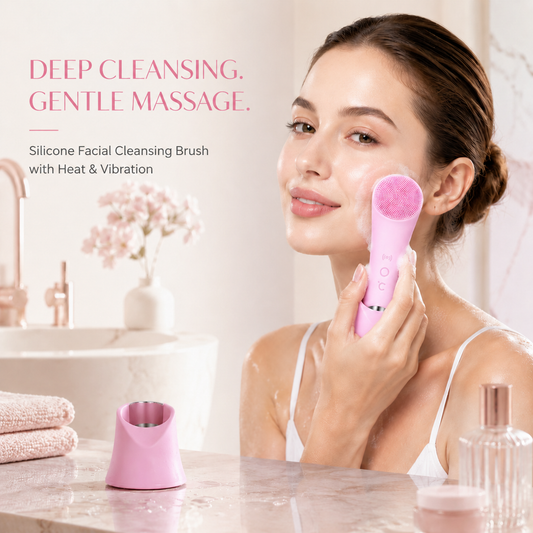 🫧 PRITECH Heated Vibrating Facial Cleansing Brush – Silicone Face Scrubber with Massage 🌸