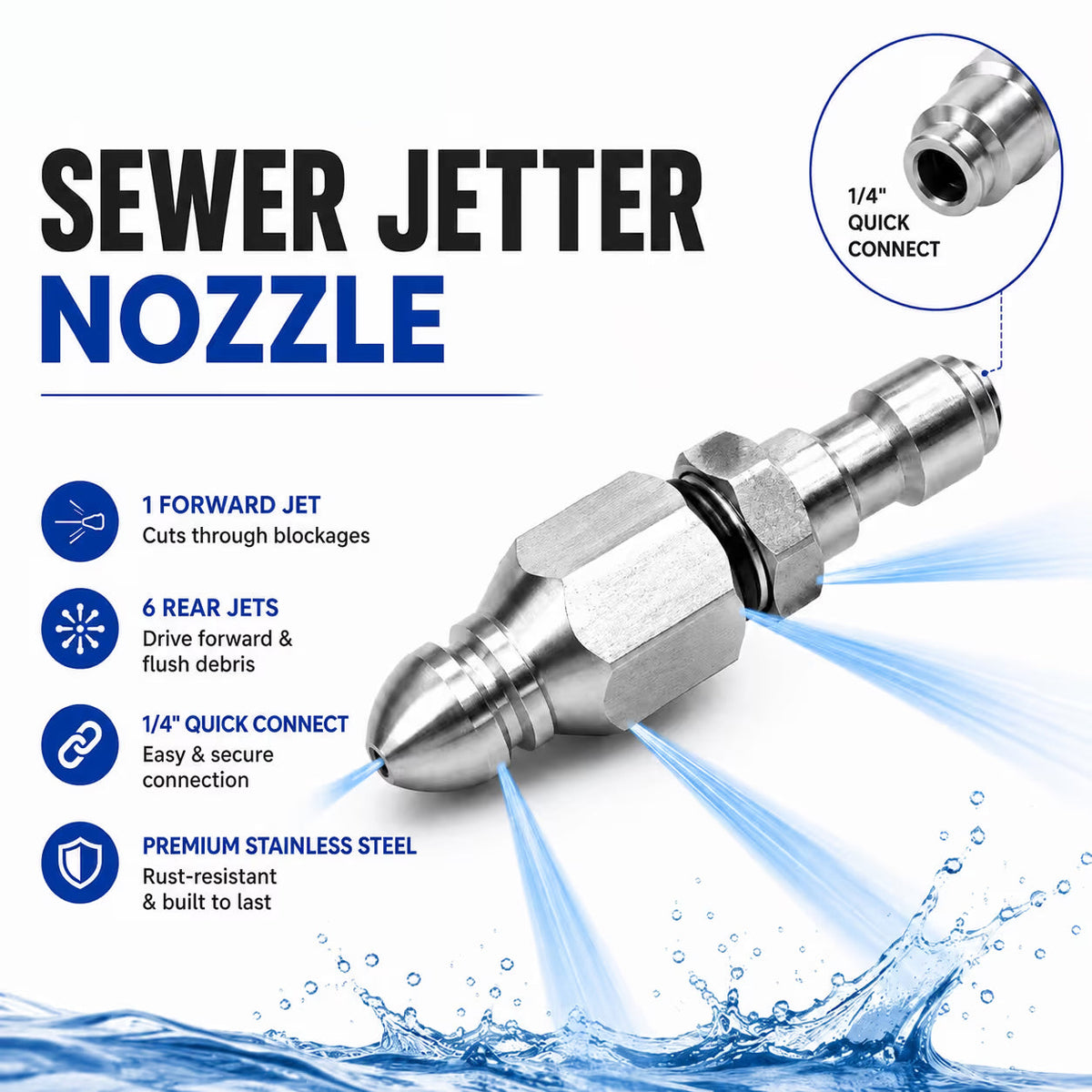 💦3Pcs-Stainless Steel Sewer Jetter Nozzle – 1/4' Quick Connect Drain Cleaning Attachment for Pressure Washers