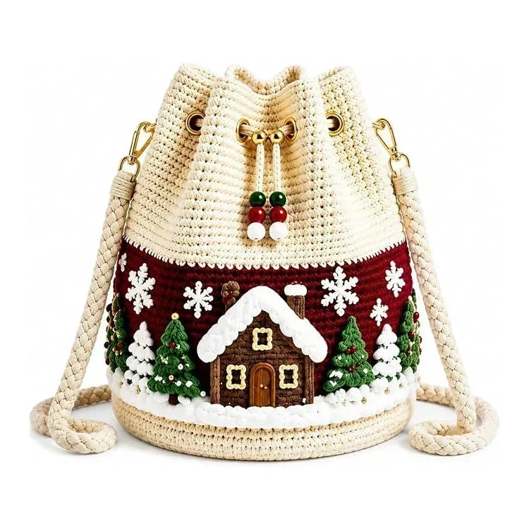 🎄 3D Christmas Crochet Bucket Bag – Festive Crossbody Purse with Detachable Strap