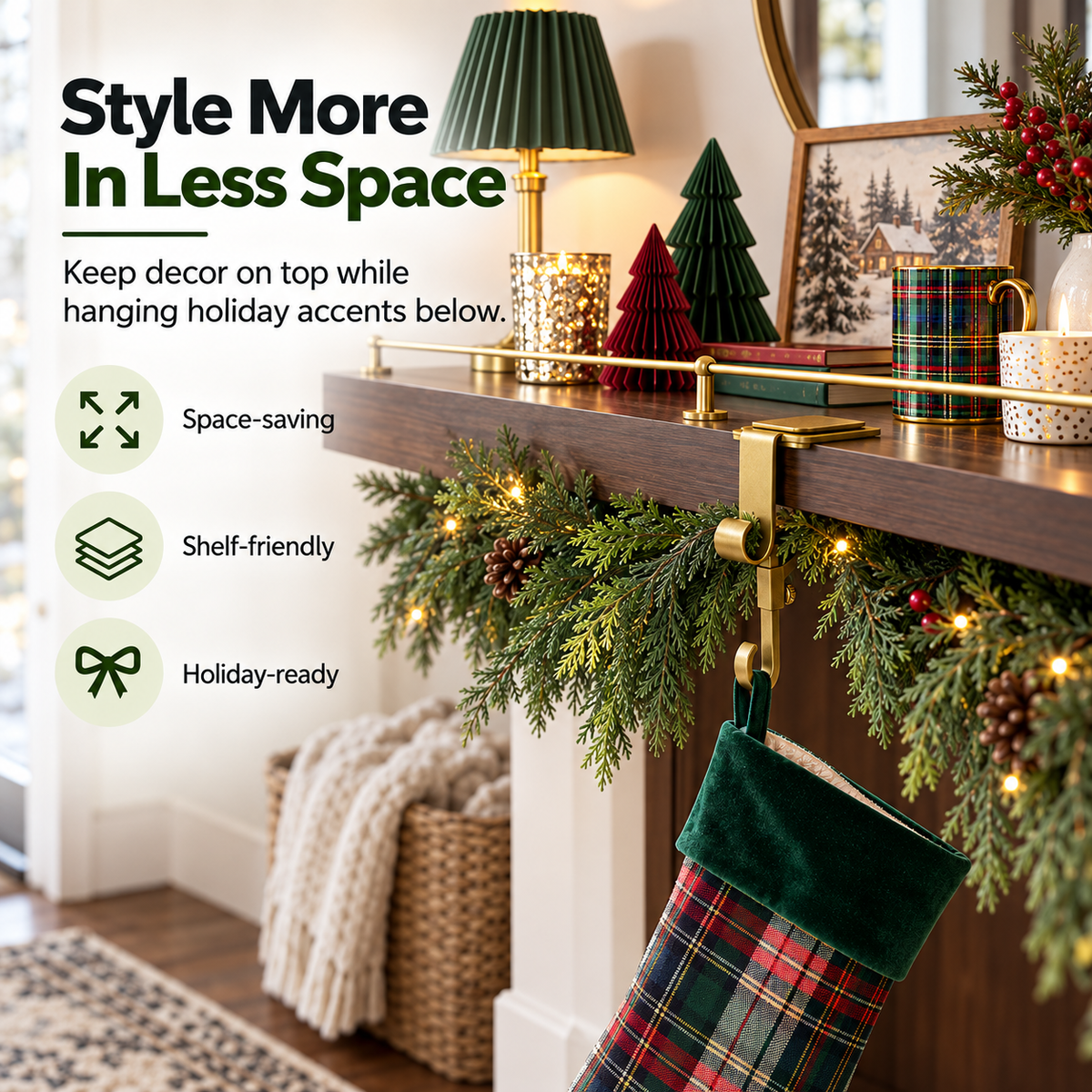 🎄 Christmas Shelf Stocking Hanger – Gold Shelf-Edge Hook for Garland & Holiday Decorations