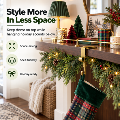🎄 Christmas Shelf Stocking Hanger – Gold Shelf-Edge Hook for Garland & Holiday Decorations