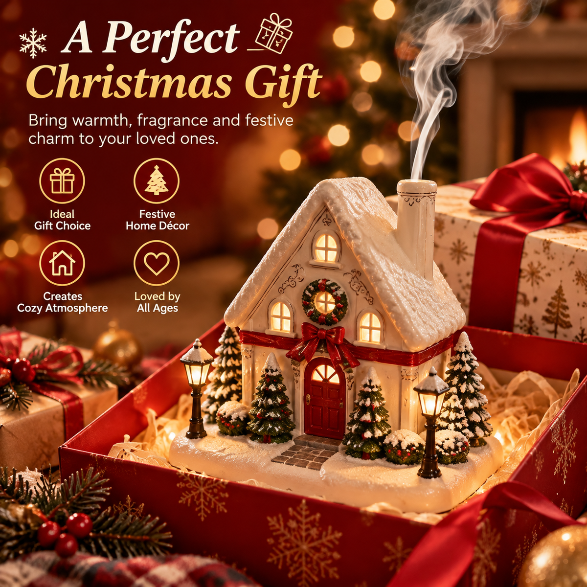 🎄 Christmas House Aroma Diffuser – Warm Light & Gentle Mist Holiday Decor