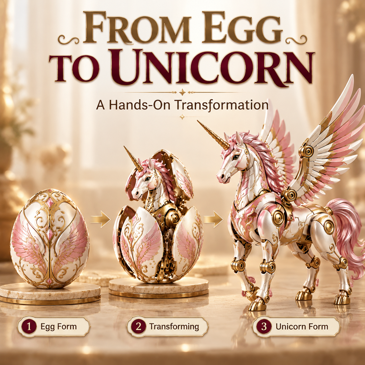 Mechanical Winged Unicorn Toy with Decorative Egg – Pink & Gold Fantasy Collectible Gift