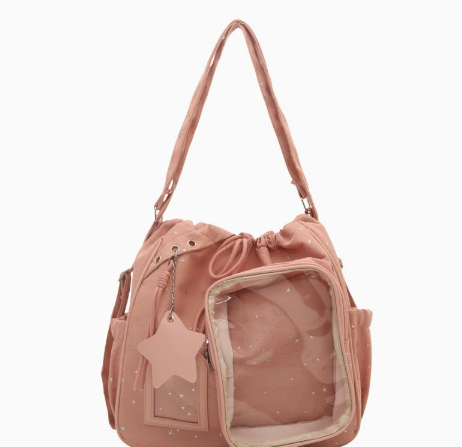 🎒🎒Star Print Ita Shoulder Bag – Clear Display Pocket, Drawstring Closure & Cute Star Charm
