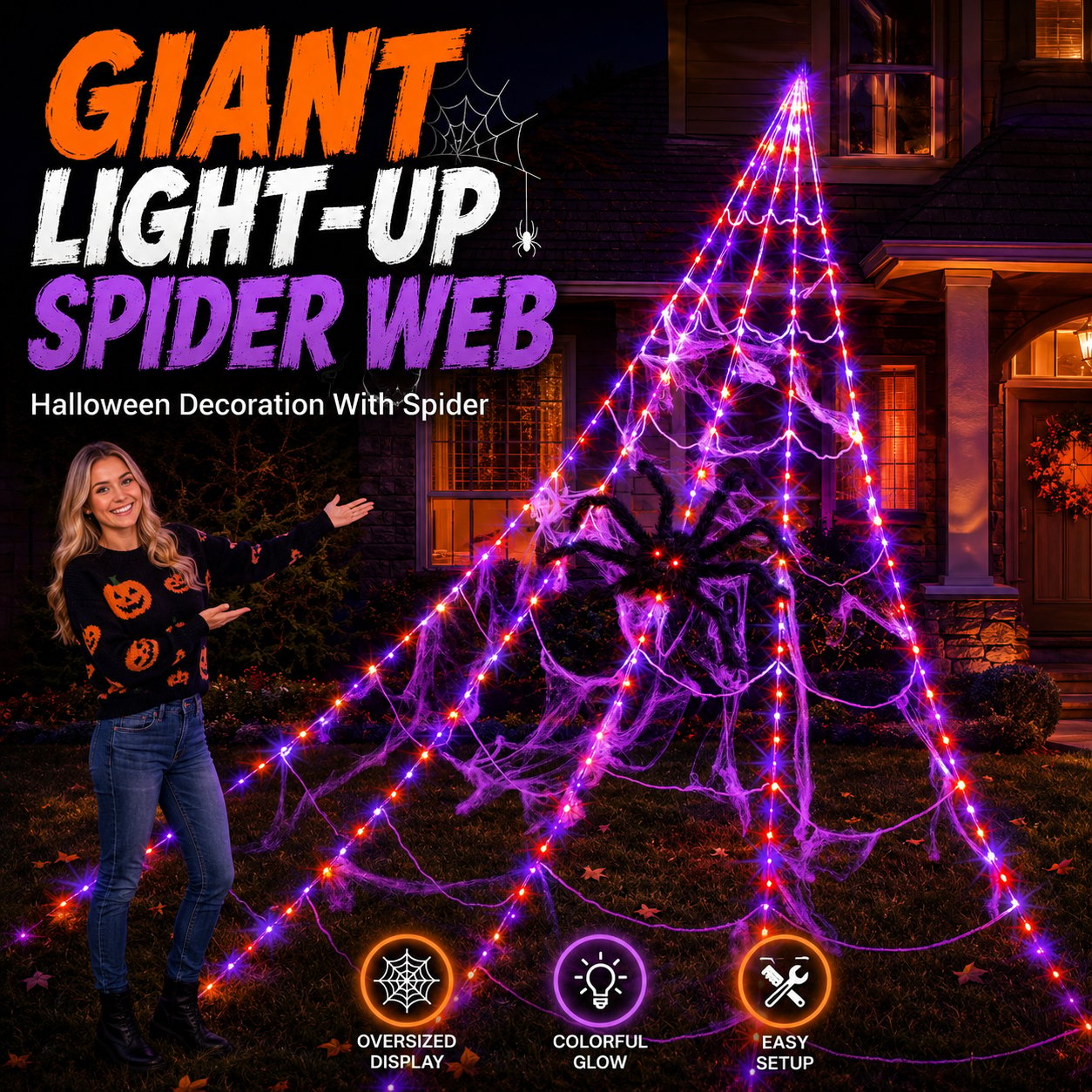 Giant Light-Up Spider Web Halloween Decoration