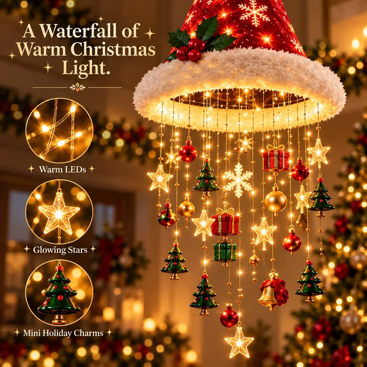 🎅🎅Santa Hat LED Hanging Light – Cascading Warm Fairy Lights with Festive Christmas Charms