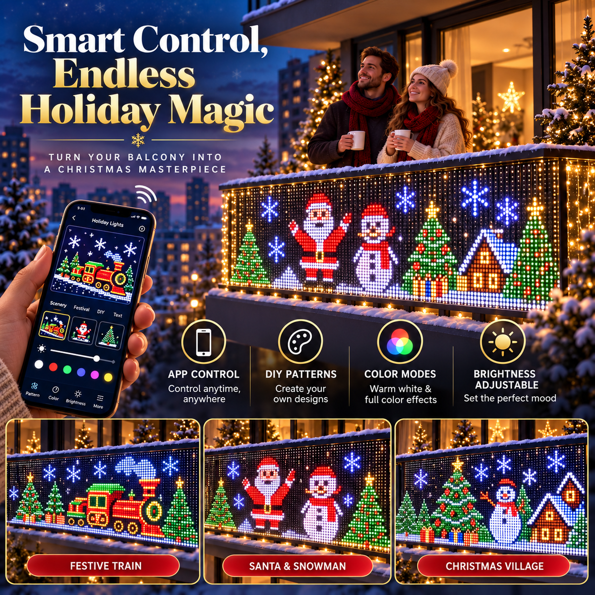 🎄🏠 Smart RGB Pixel Curtain Lights – App-Controlled Animated Holiday Display for Balcony & Window Decor-1.6m*1.6m