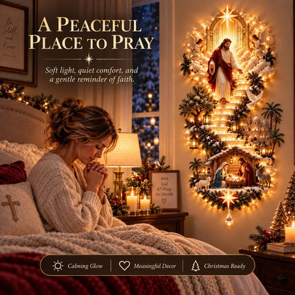 🔥✨ Jesus Light of Heaven Christmas Wall Hanging | Illuminated Nativity Stairway Decor ✝️