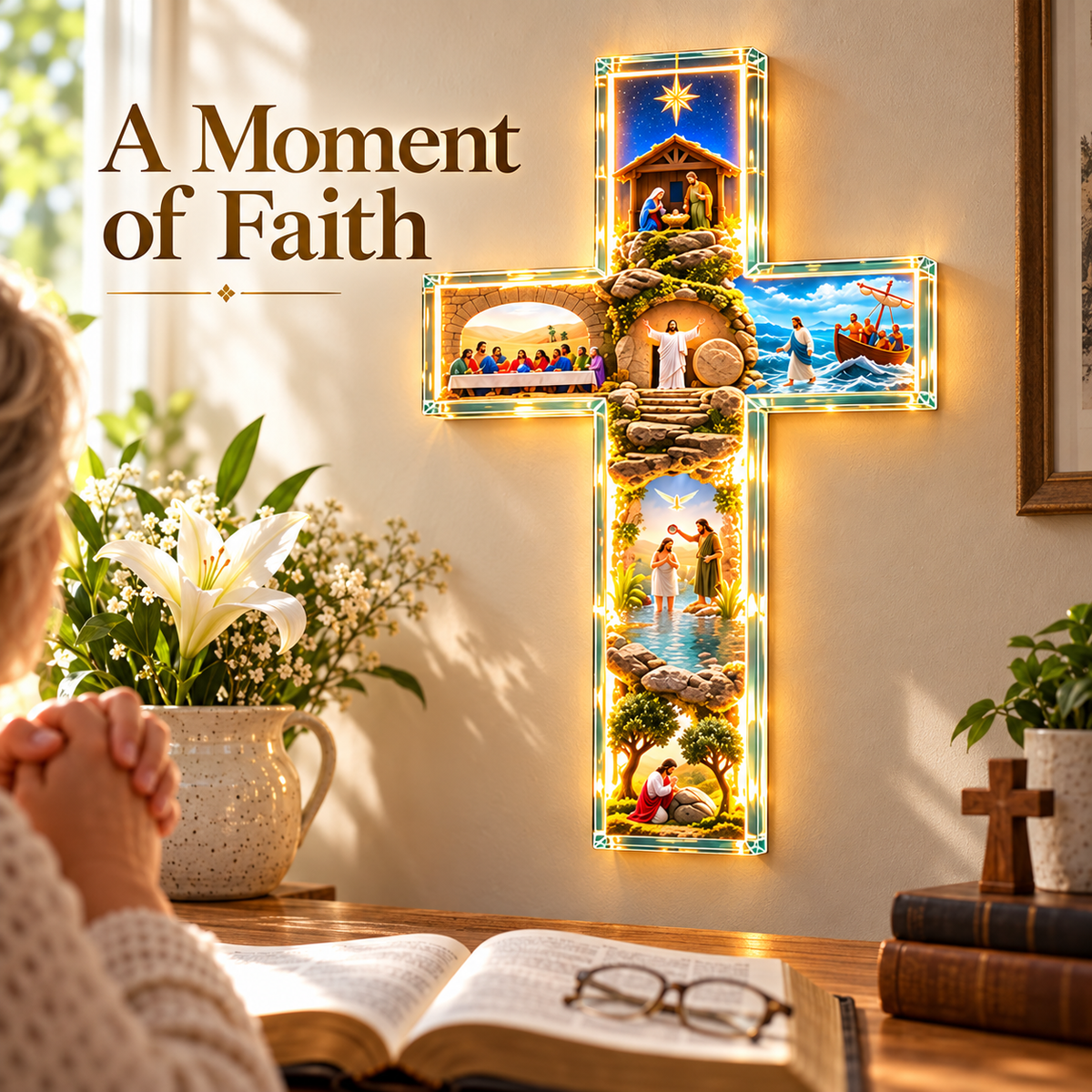 🙏✝️ The Story of Jesus LED Cross Lamp ✨ 6 Biblical Scenes & Meaningful Christian Gift
