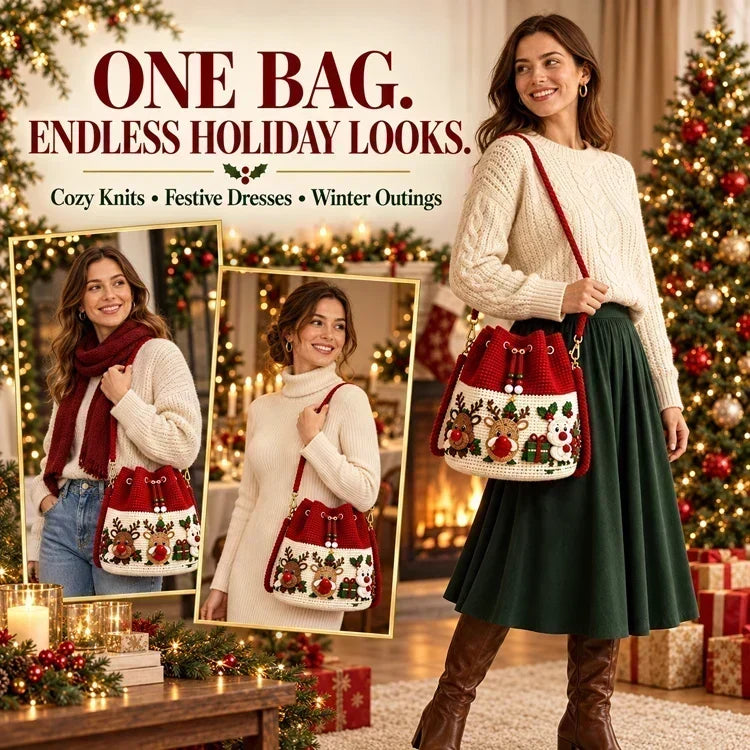 🎄 3D Christmas Crochet Bucket Bag – Festive Crossbody Purse with Detachable Strap