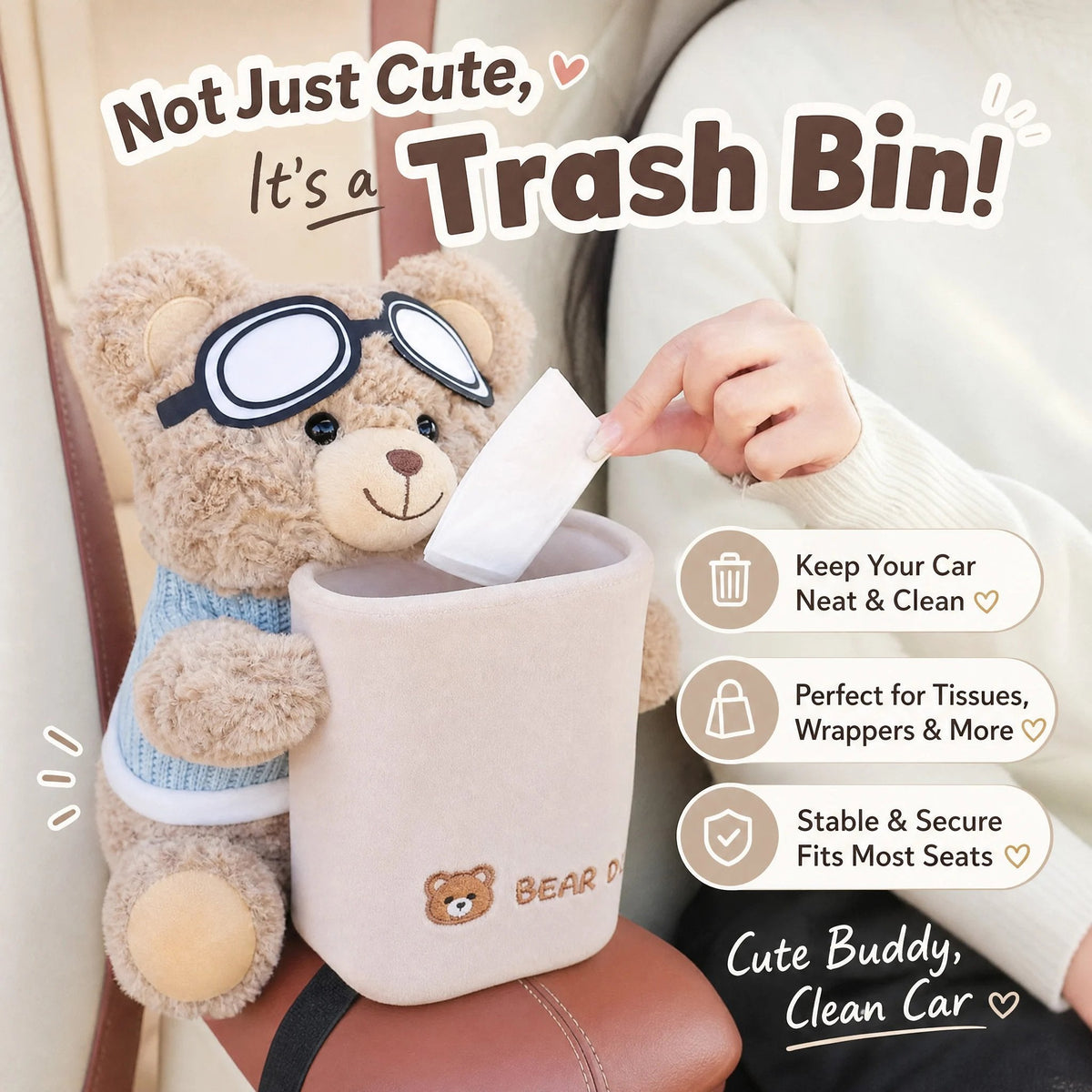 Plush bear car organizer and tissue holder