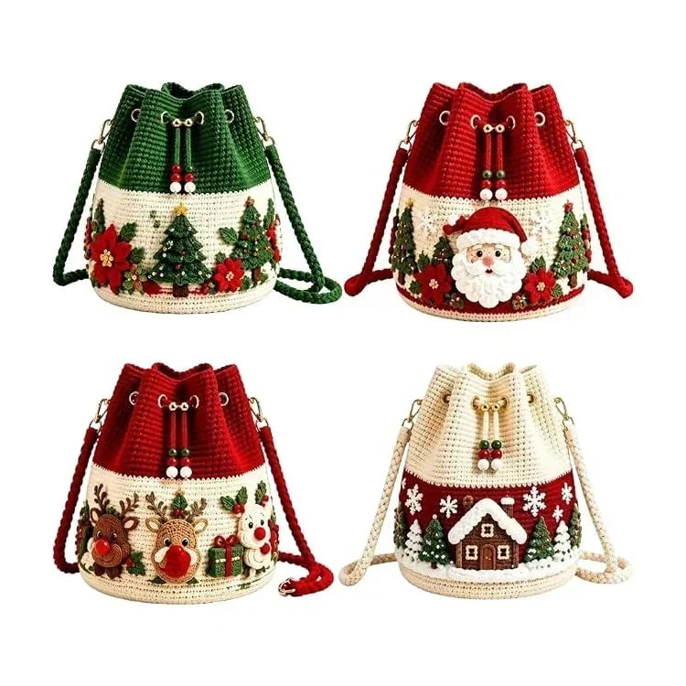 🎄 3D Christmas Crochet Bucket Bag – Festive Crossbody Purse with Detachable Strap