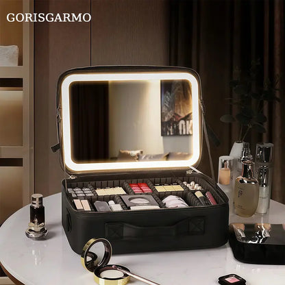 Travel Makeup Bag with LED Mirror – 3 Light Modes, Adjustable Dividers & Waterproof Cosmetic Organizer