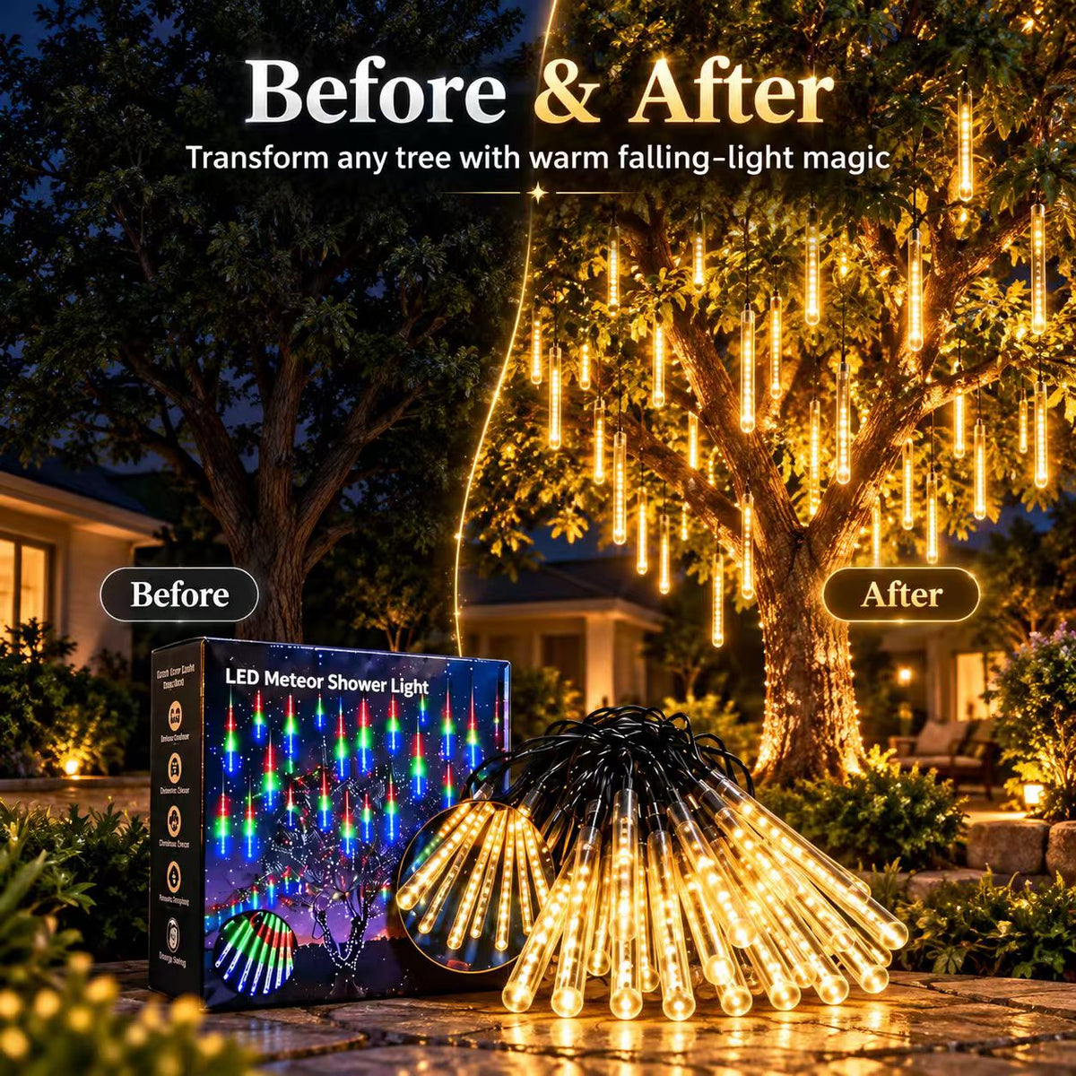 ✨ LED Meteor Shower Lights – Waterproof Falling Rain Christmas Lights for Indoor & Outdoor Decor