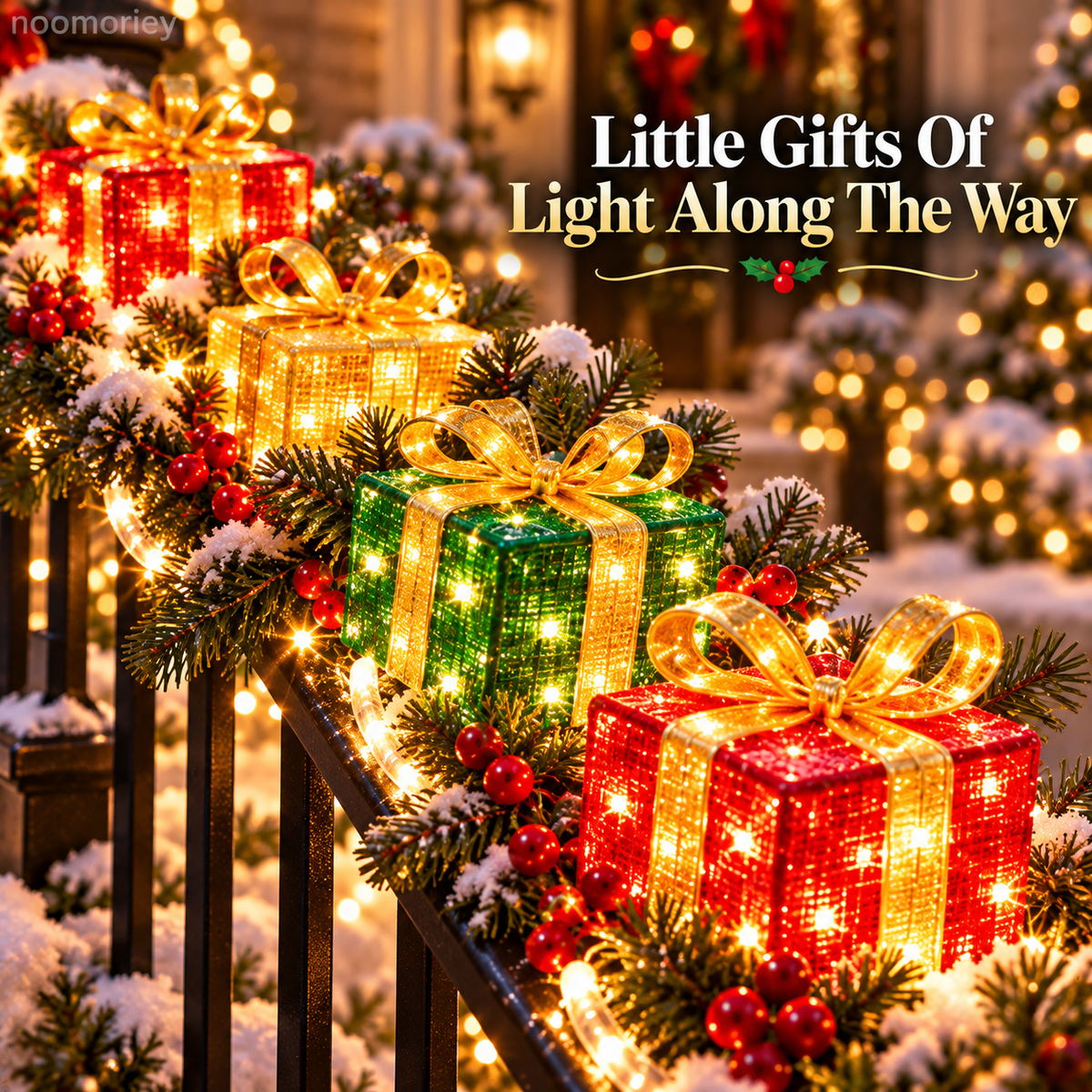 🎅🎄 Illuminated Santa Staircase Railing Christmas Display with Glowing Gift Lights ✨