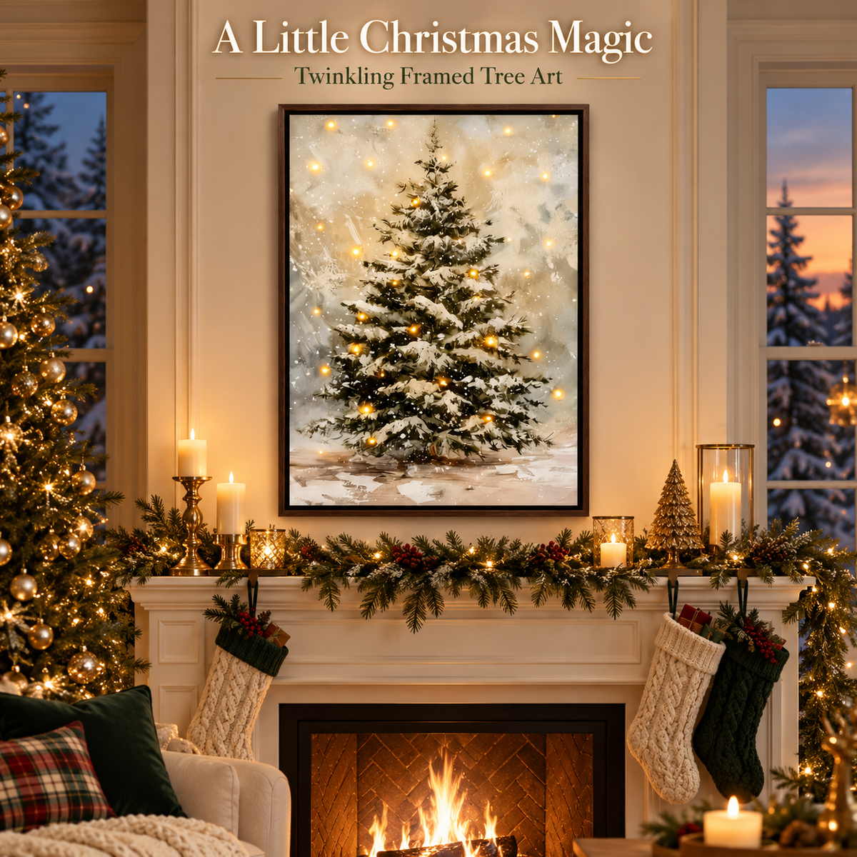 Light-Up Snowy Christmas Tree Wall Art – Framed Holiday Decor with Warm Twinkling Lights
