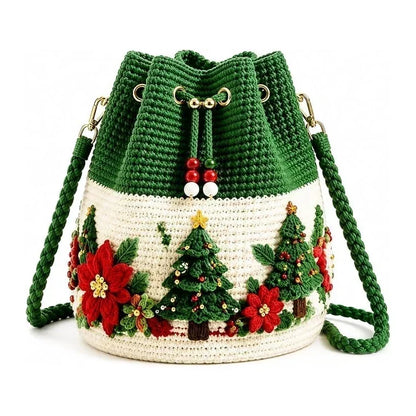 🎄 3D Christmas Crochet Bucket Bag – Festive Crossbody Purse with Detachable Strap