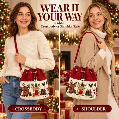 🎄 3D Christmas Crochet Bucket Bag – Festive Crossbody Purse with Detachable Strap