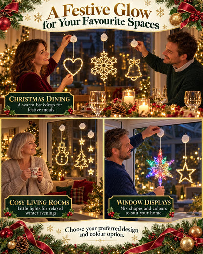 🎄 2Pcs Christmas LED Window Lights – Battery Operated Suction Cup Holiday Decorations, Warm White & Multicolor