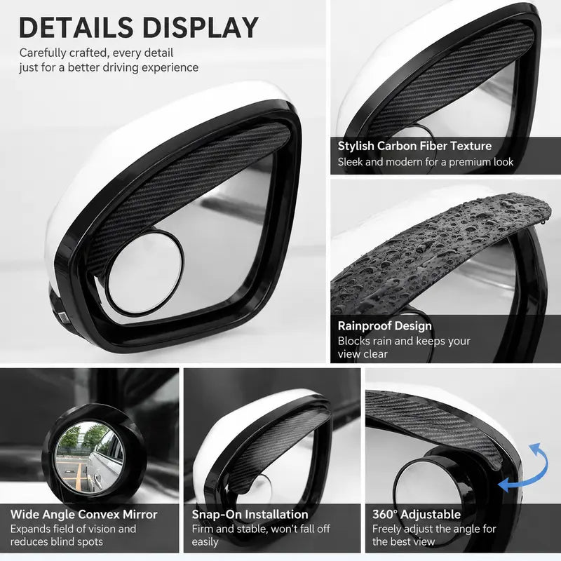 🚗 2-Pack Car Side Mirror Rain Visors with 360° Blind Spot Mirrors – Clearer Views in the Rain 🌧️