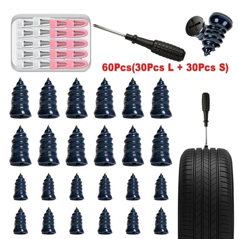 ✨✨60-Pcs Tubeless Tire Repair Kit – Dual-Size Coated Screw Plugs for Car & Motorcycle Tire Maintenance