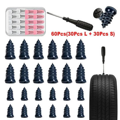 ✨✨60-Pcs Tubeless Tire Repair Kit – Dual-Size Coated Screw Plugs for Car & Motorcycle Tire Maintenance