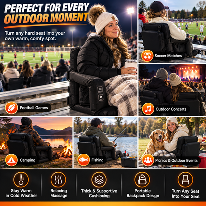 🔥 Heated & Massaging Bleacher Seat – 3 Heat Levels, 6 Reclining Positions