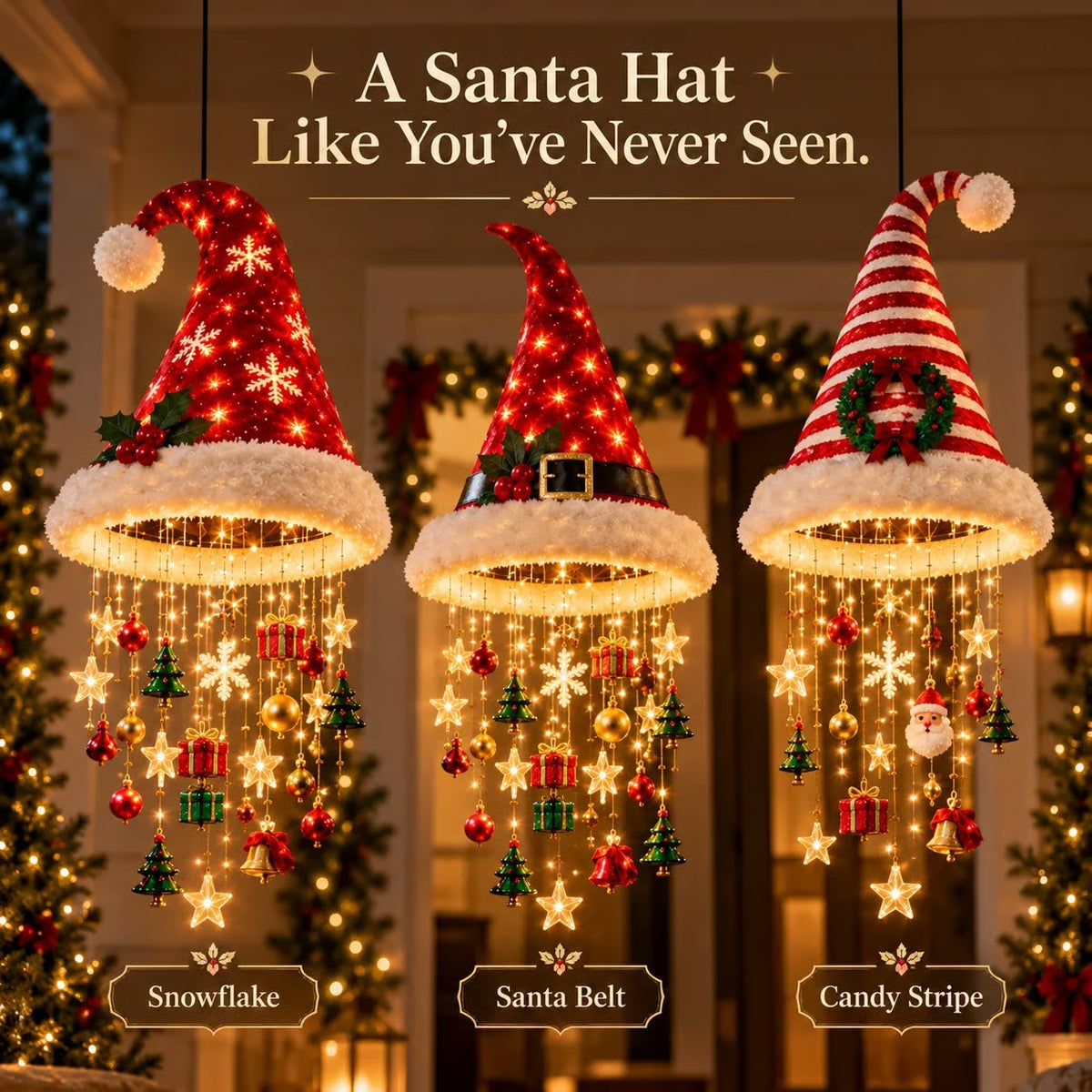 🎅🎅Santa Hat LED Hanging Light – Cascading Warm Fairy Lights with Festive Christmas Charms