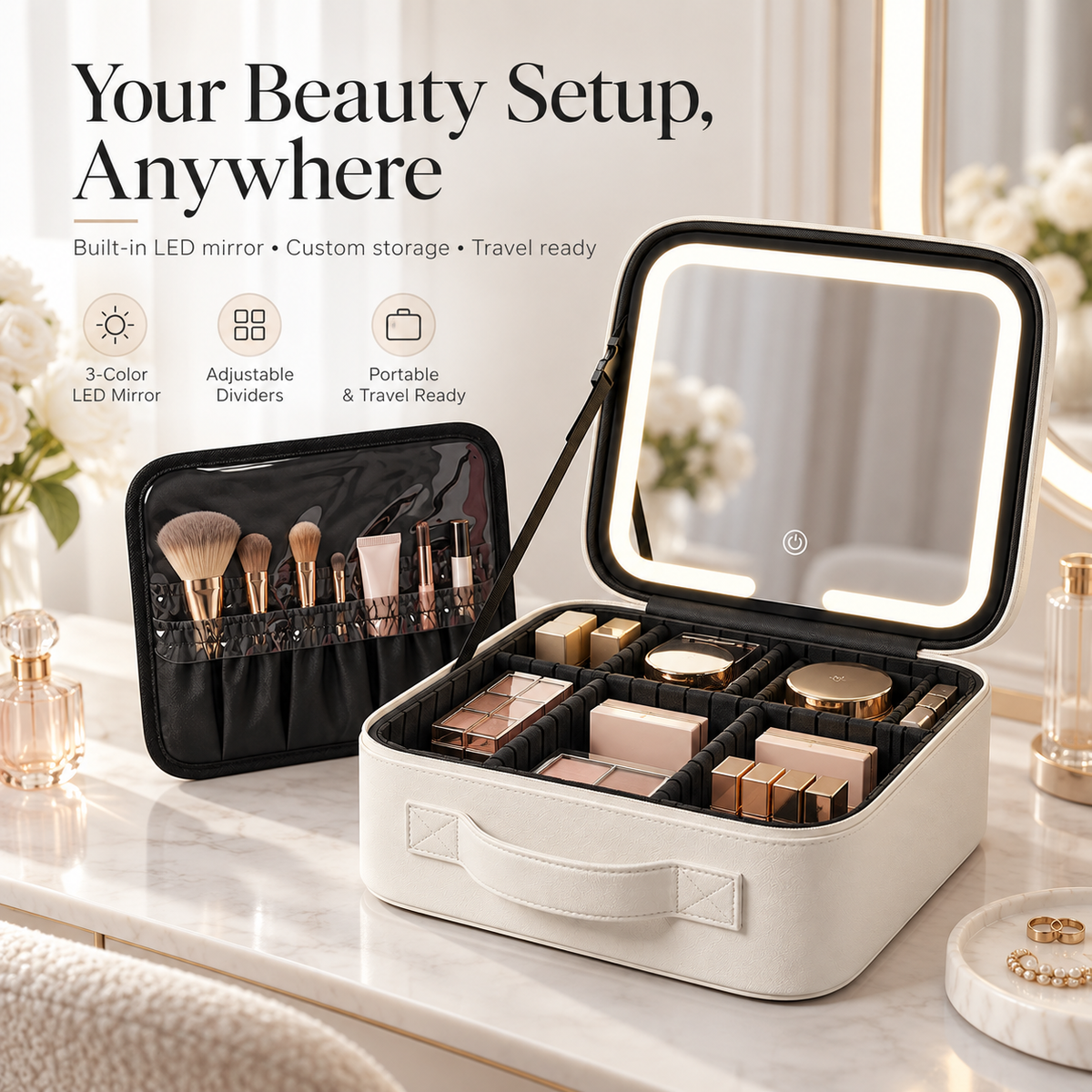 Travel Makeup Bag with LED Mirror – 3 Light Modes, Adjustable Dividers & Waterproof Cosmetic Organizer