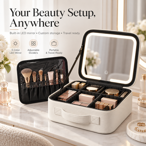 Travel Makeup Bag with LED Mirror – 3 Light Modes, Adjustable Dividers & Waterproof Cosmetic Organizer