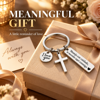 Drive Safe, I Need You Here With Me Keychain – Romantic Spanish Love Gift with Cross & I Love You Charm