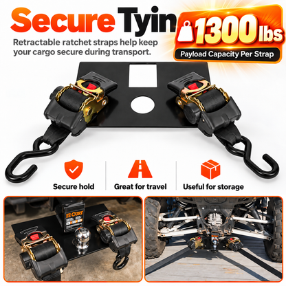 Heavy-Duty Hitch Tie-Down Plate – Dual 1300LB Retractable Ratchet Straps for ATV & UTV Hauling