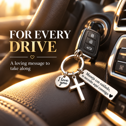 Drive Safe, I Need You Here With Me Keychain – Romantic Spanish Love Gift with Cross & I Love You Charm