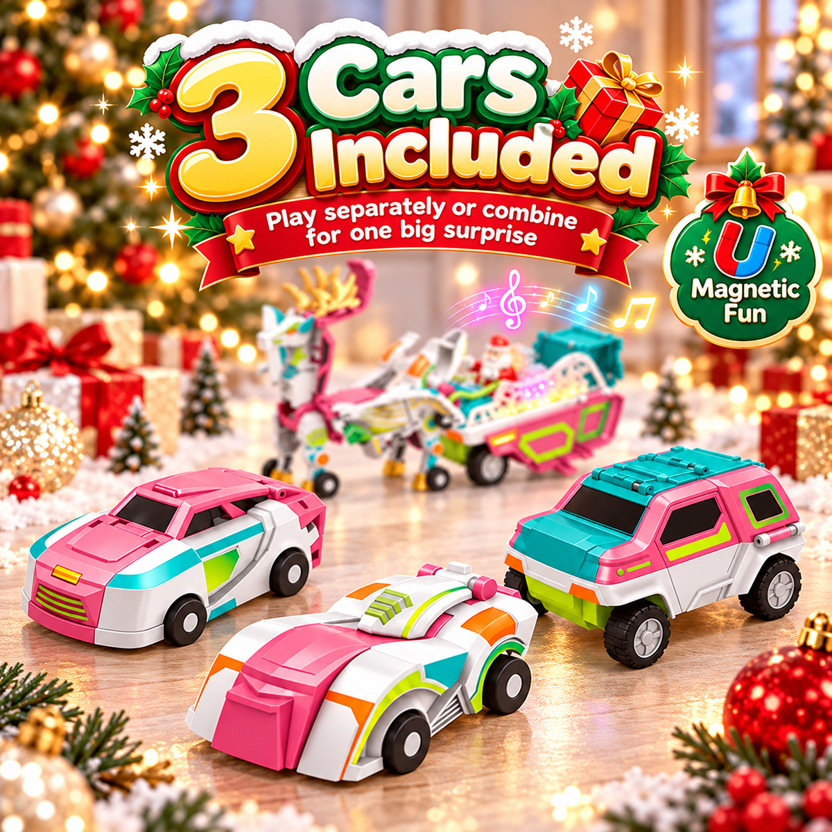 🎄🚗 3-in-1 Magnetic Transforming Christmas Car Set