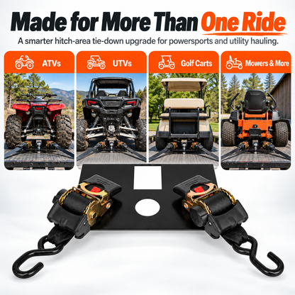 Heavy-Duty Hitch Tie-Down Plate – Dual 1300LB Retractable Ratchet Straps for ATV & UTV Hauling